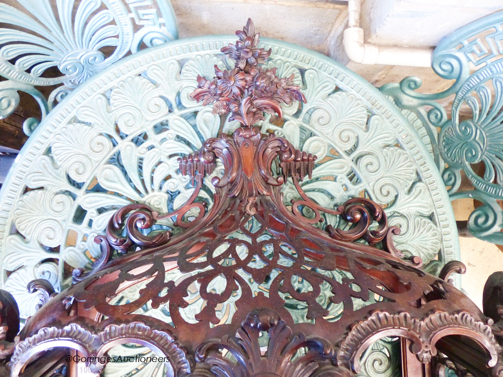 A carved mahogany bed canopy in the style of Thomas Chippendale, W.61cm H.63cm